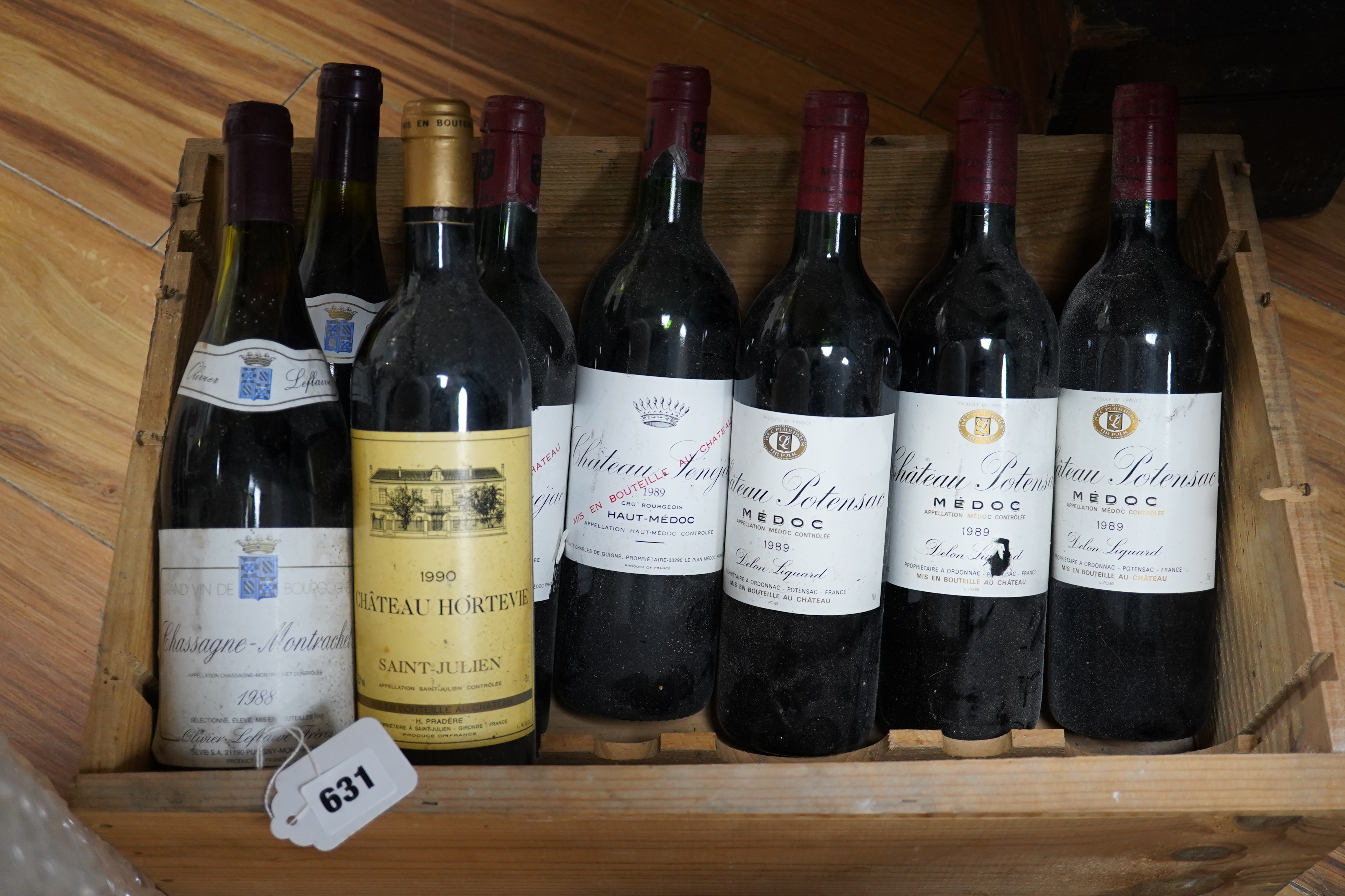 Eight assorted bottles of wine, including five bottles of Medoc, a 1990 bottle of Chateau Hortevie, Saint - Julien, etc. Condition - storage unknown